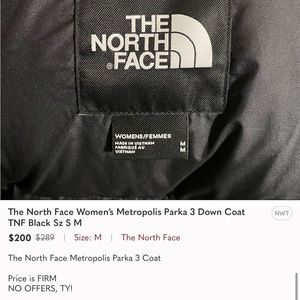 The North Face Women’s Metropolis Parka 3 Down Coat TNF Black Sz M